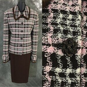 BEAUTIFUL St John collection knit pink multi jacket skirt suit size 12 14